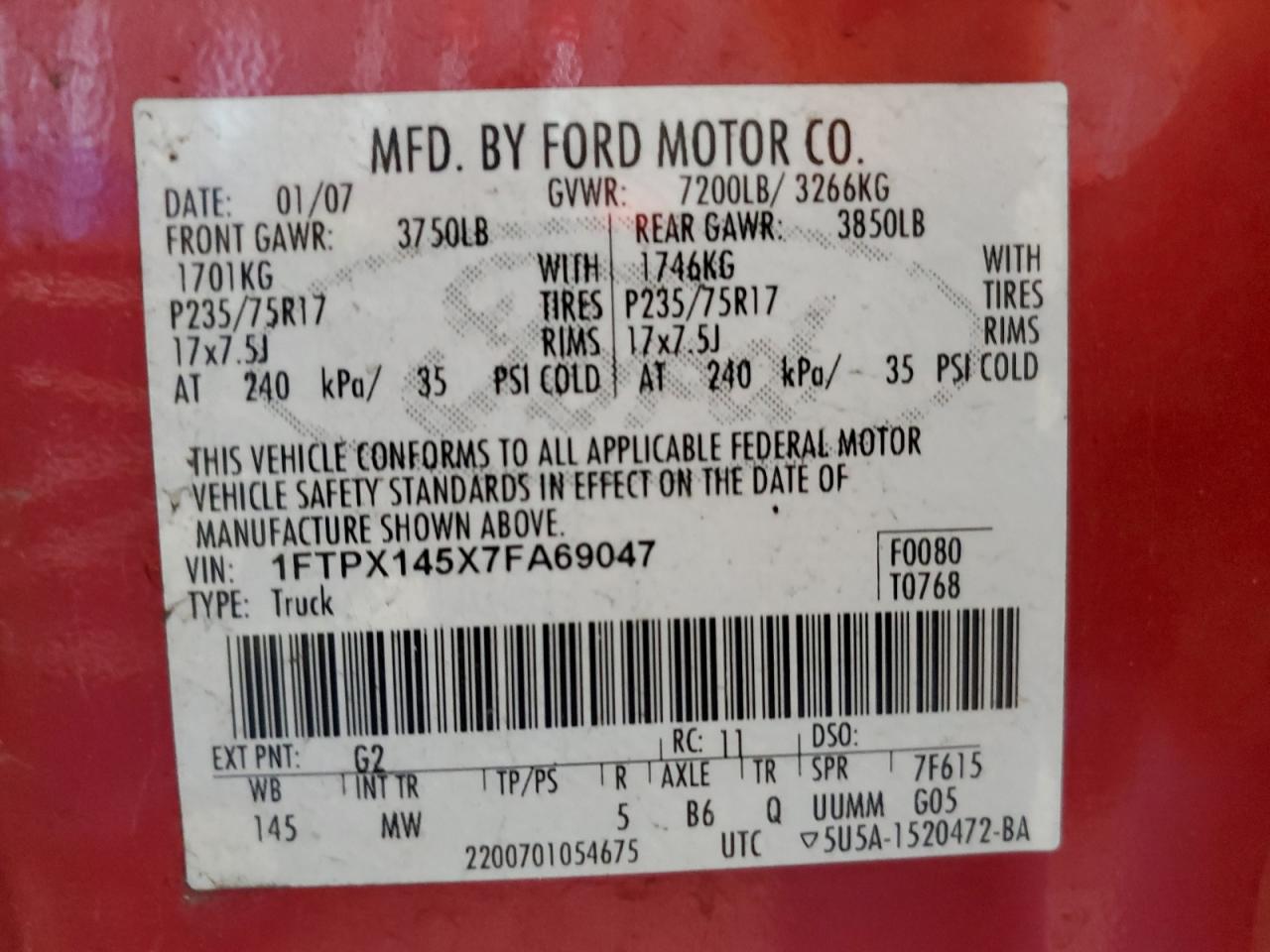 2007 Ford F150 VIN: 1FTPX145X7FA69047 Lot: 65047054