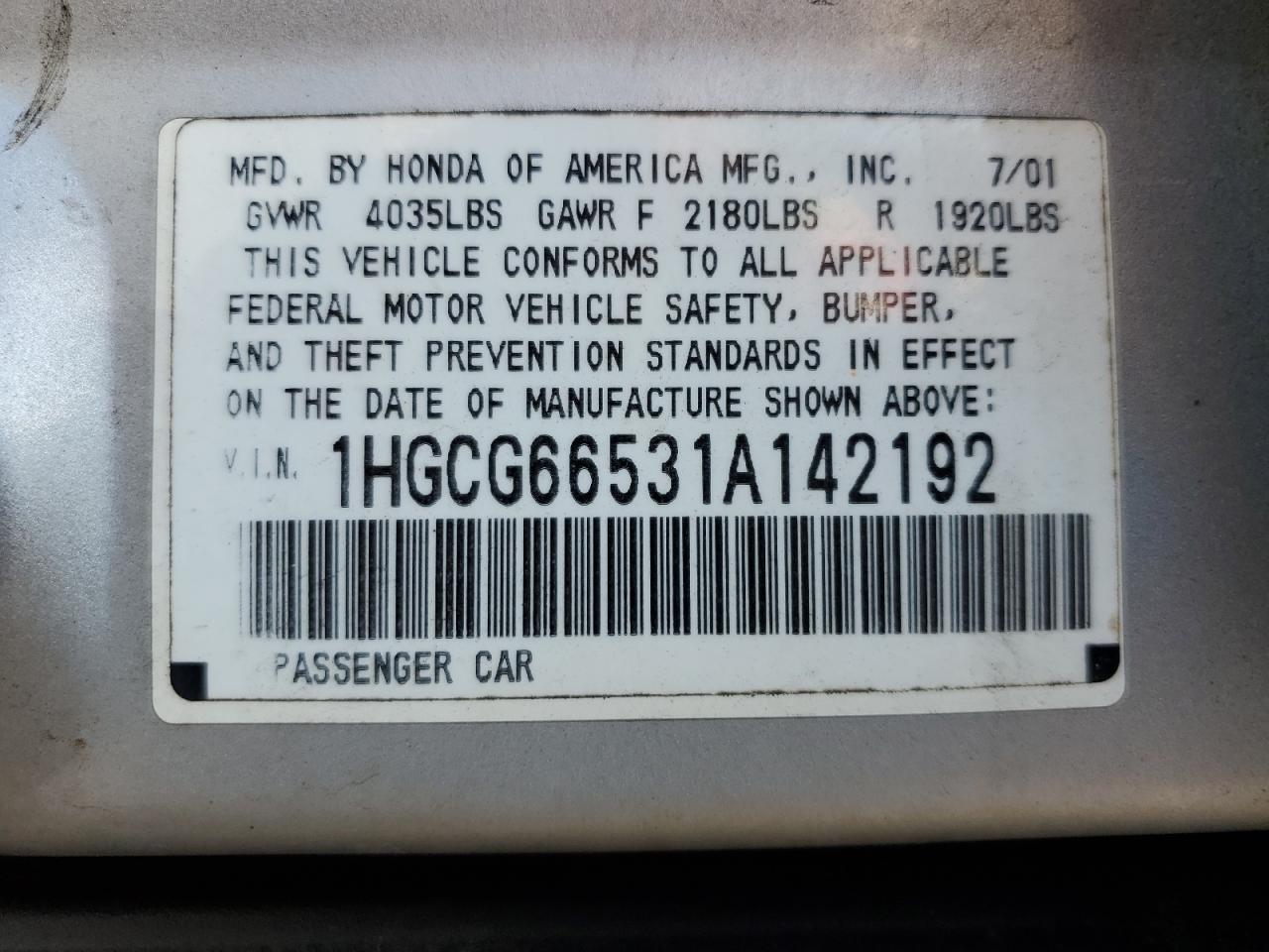 2001 Honda Accord Lx VIN: 1HGCG66531A142192 Lot: 62365884