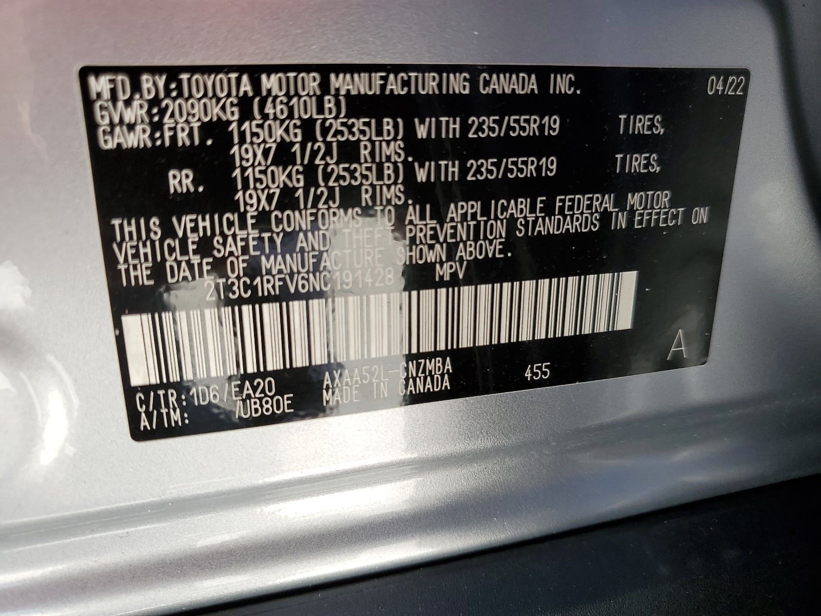 2T3C1RFV6NC191428 2022 Toyota Rav4 Xle Premium