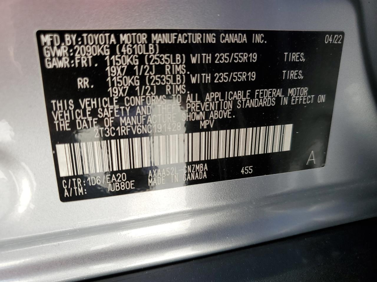 2022 Toyota Rav4 Xle Premium VIN: 2T3C1RFV6NC191428 Lot: 63408124