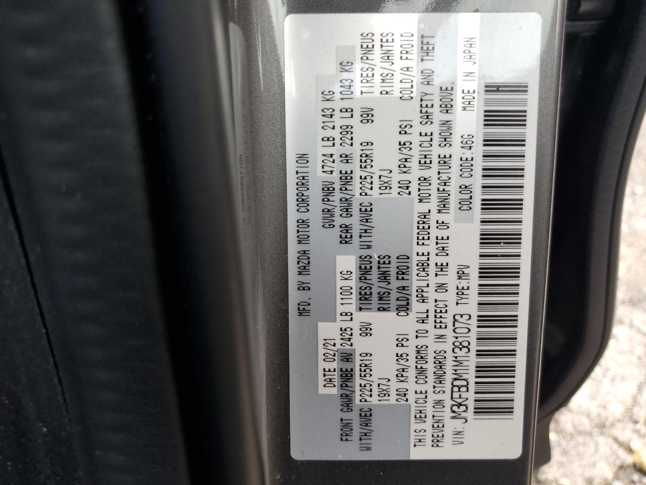 2021 Mazda Cx-5 Grand Touring VIN: JM3KFBDM1M1381073 Lot: 62838514