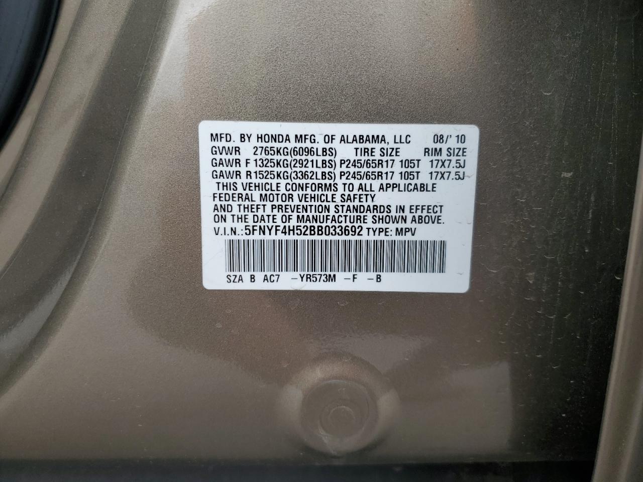 5FNYF4H52BB033692 2011 Honda Pilot Exl