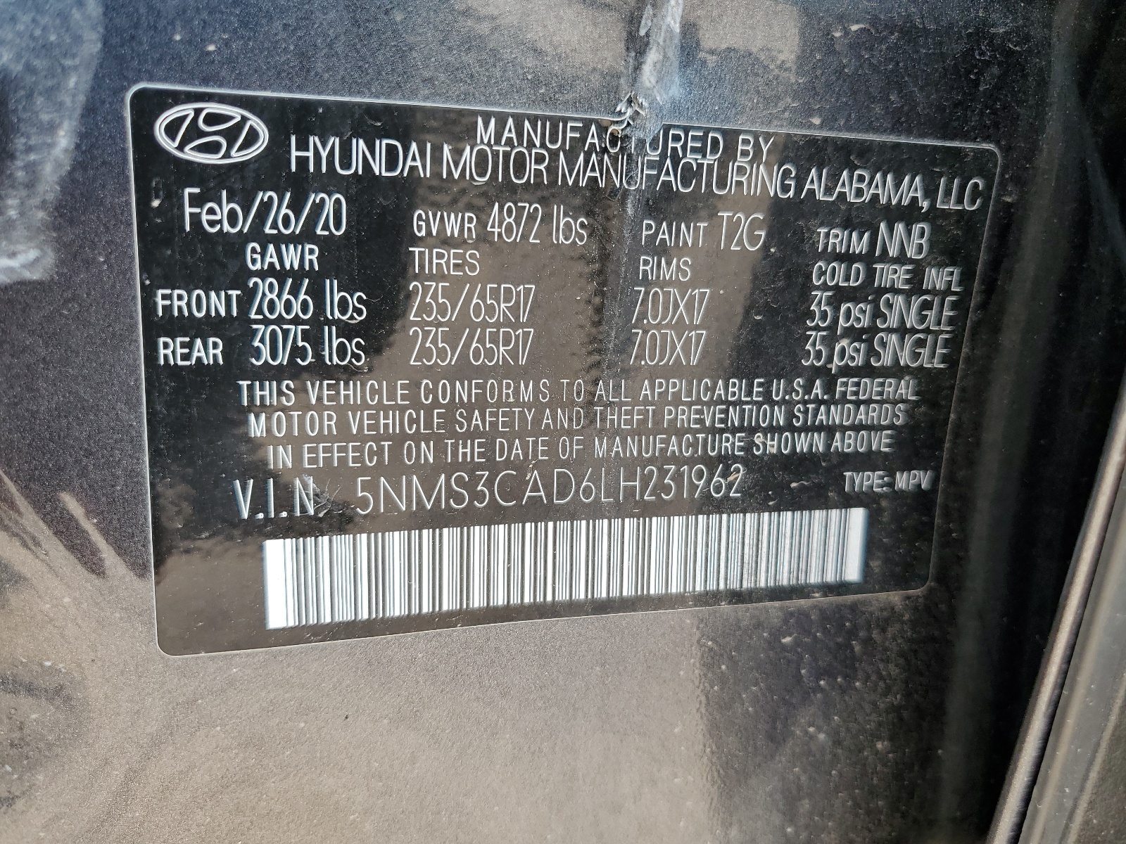 5NMS3CAD6LH231962 2020 Hyundai Santa Fe Sel