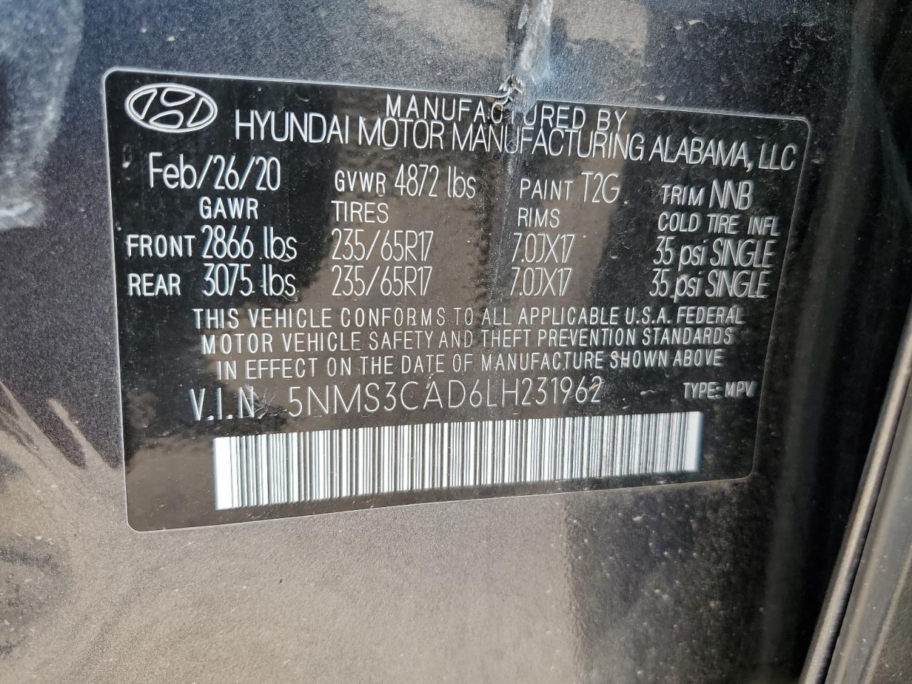 2020 Hyundai Santa Fe Sel VIN: 5NMS3CAD6LH231962 Lot: 62496114