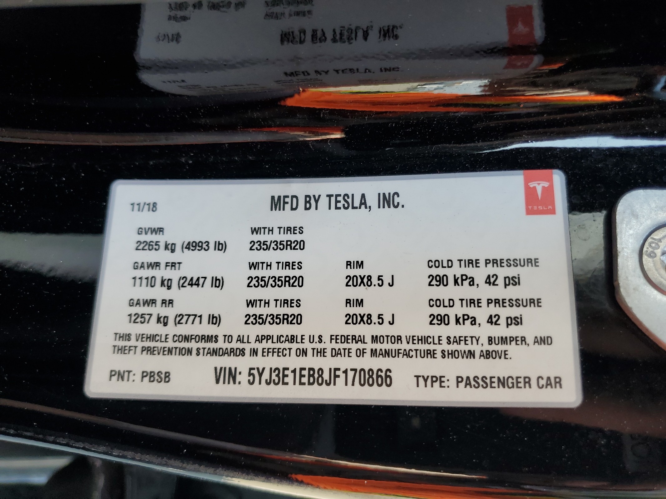 5YJ3E1EB8JF170866 2018 Tesla Model 3