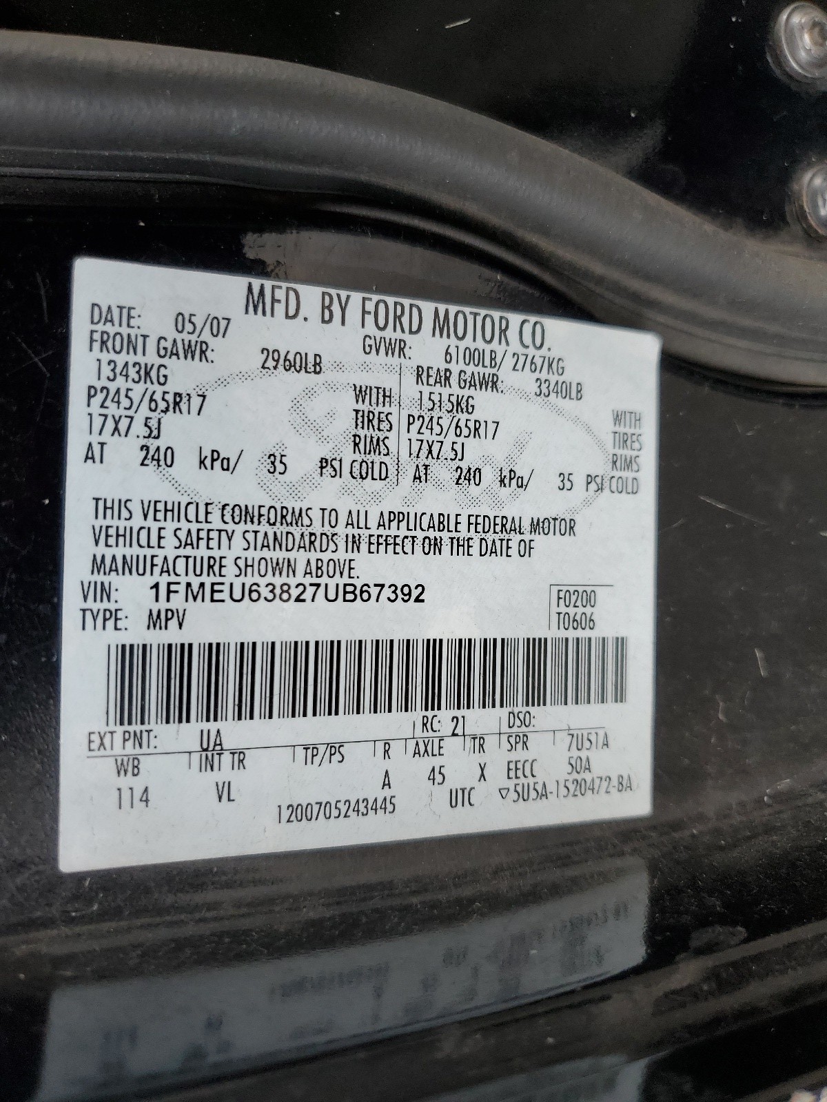 1FMEU63827UB67392 2007 Ford Explorer Xlt