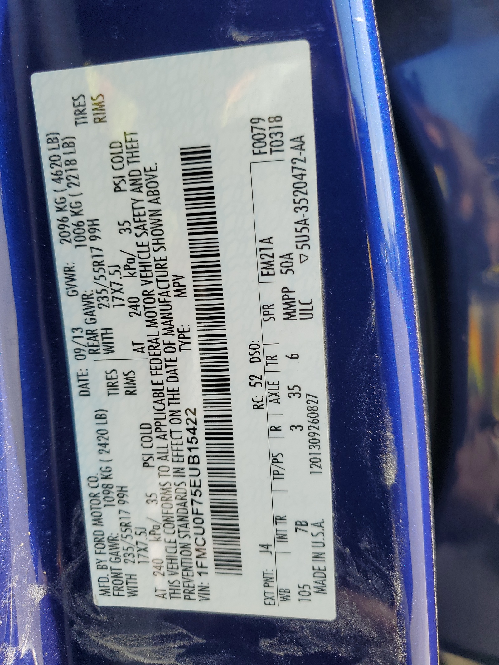 1FMCU0F75EUB15422 2014 Ford Escape S