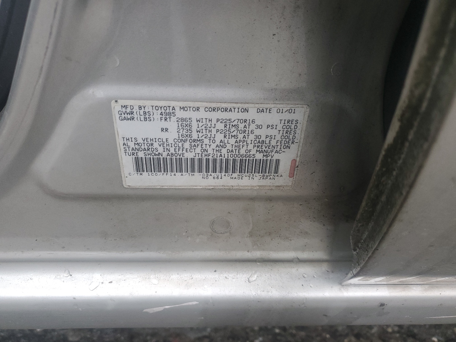 JTEHF21A110006665 2001 Toyota Highlander