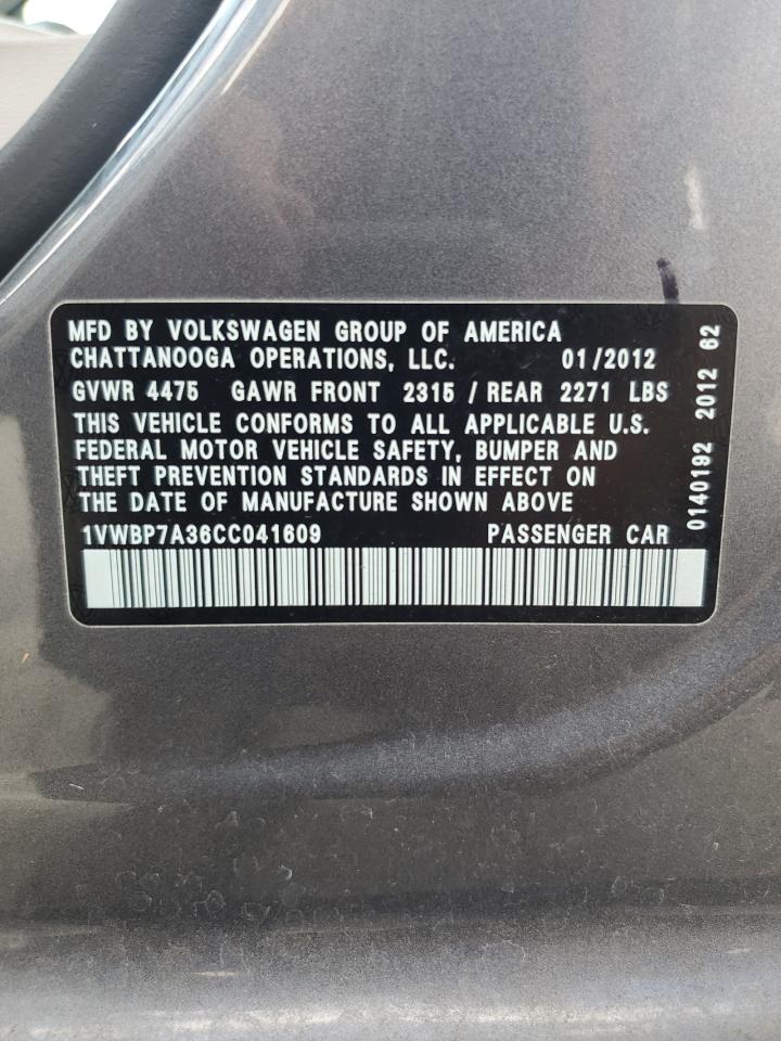 2012 Volkswagen Passat Se VIN: 1VWBP7A36CC041609 Lot: 61748614