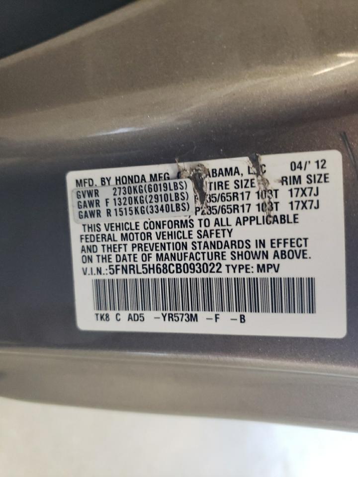 5FNRL5H68CB093022 2012 Honda Odyssey Exl