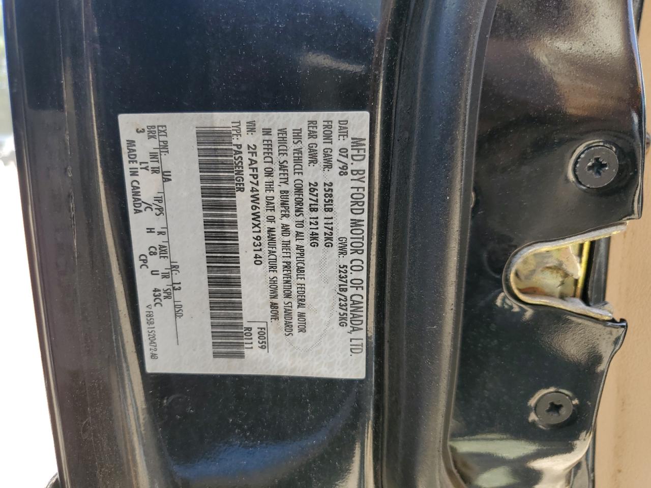 1998 Ford Crown Victoria Lx VIN: 2FAFP74W6WX193140 Lot: 61288904