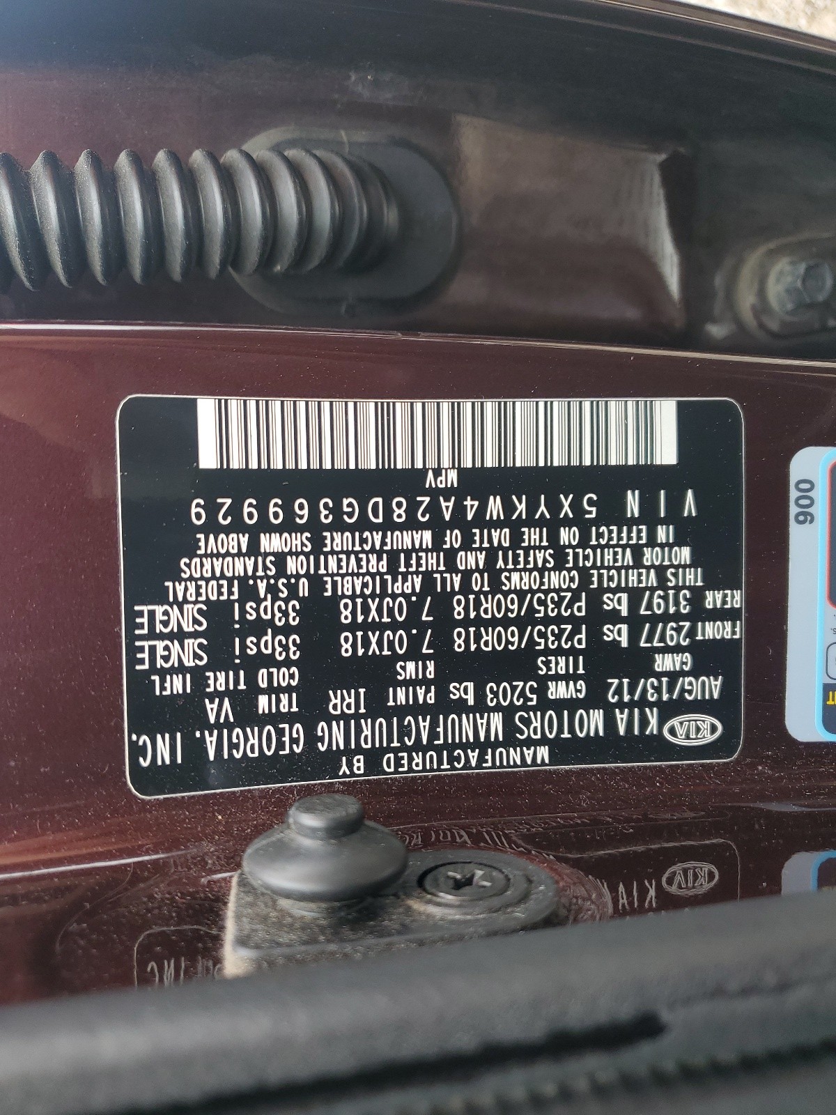 5XYKW4A28DG369929 2013 Kia Sorento Sx