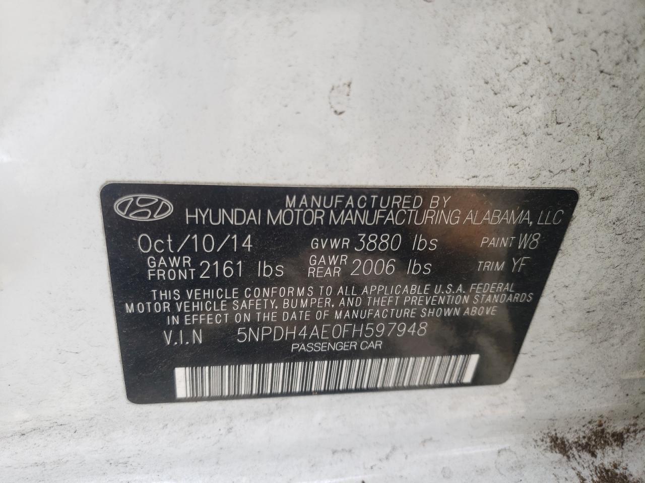 2015 Hyundai Elantra Se VIN: 5NPDH4AE0FH597948 Lot: 62448514