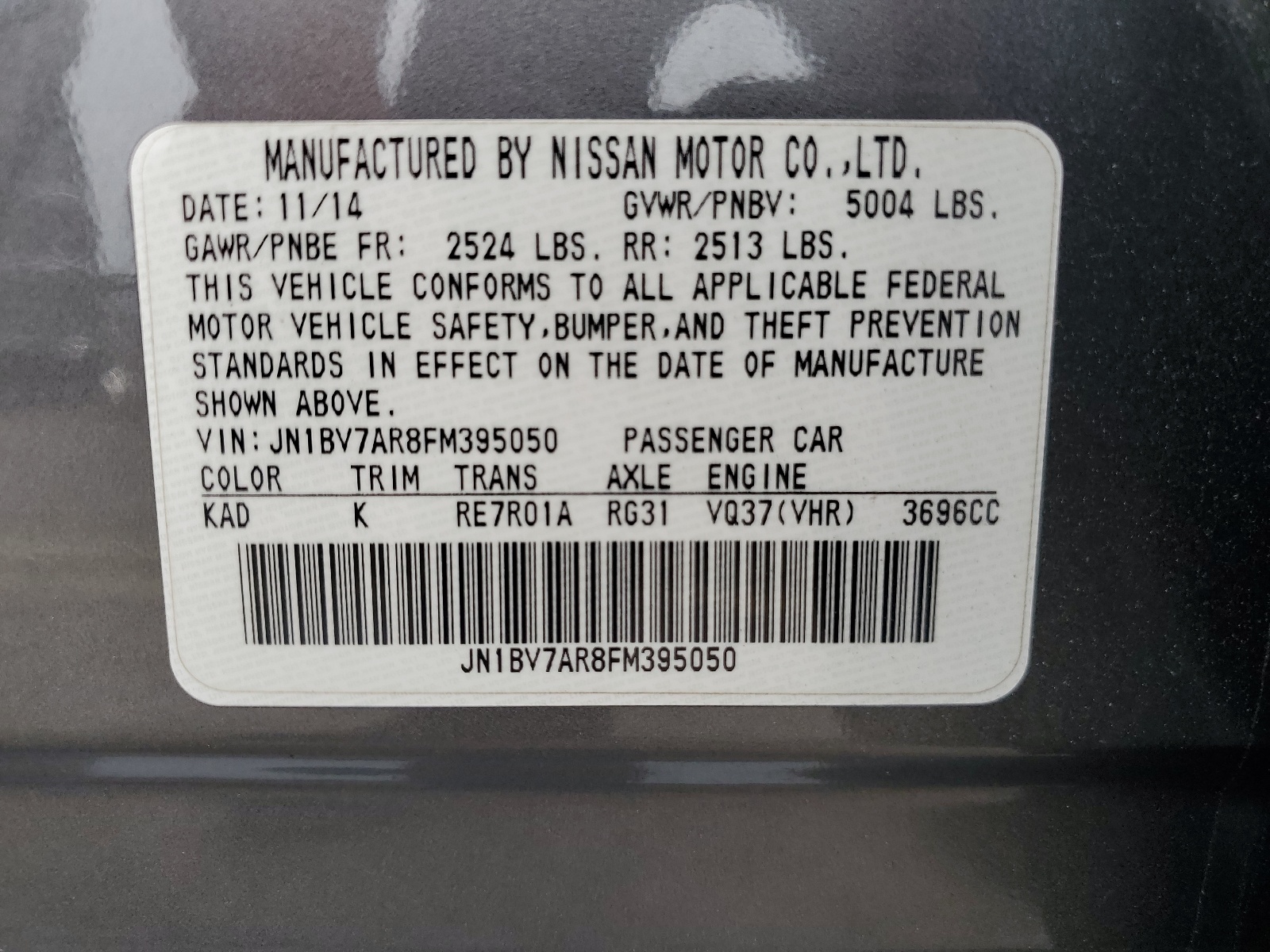 JN1BV7AR8FM395050 2015 Infiniti Q50 Base