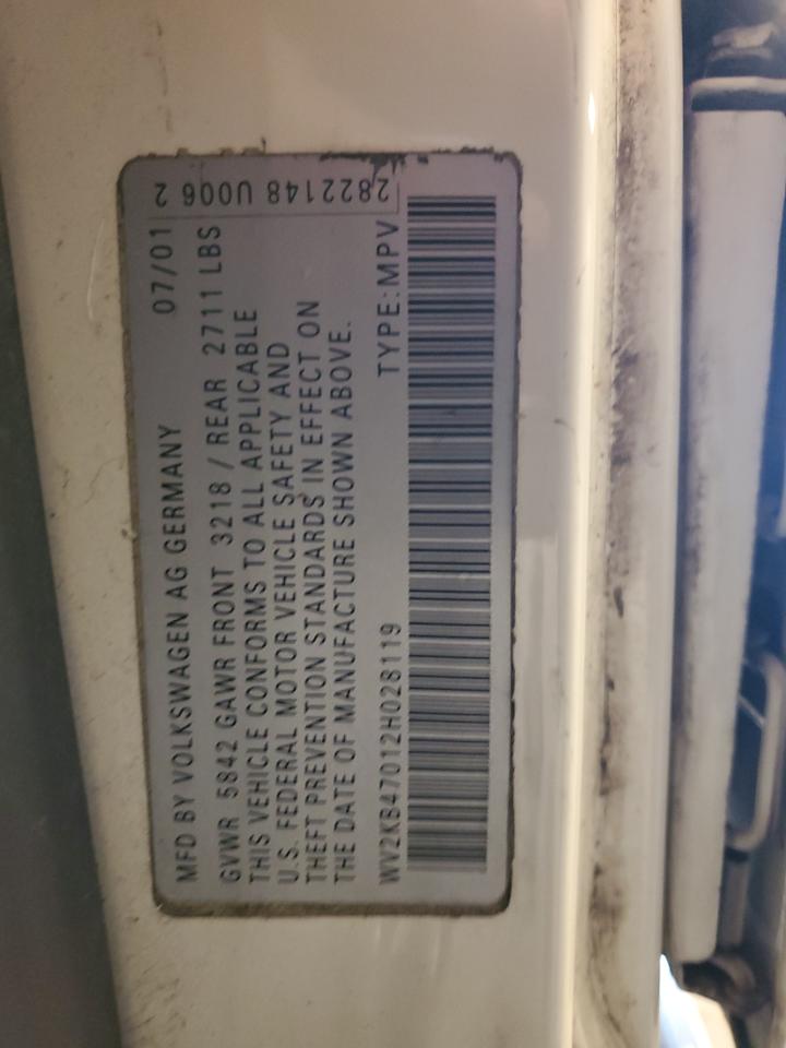 2002 Volkswagen Eurovan Gls VIN: WV2KB47012H028119 Lot: 62910444