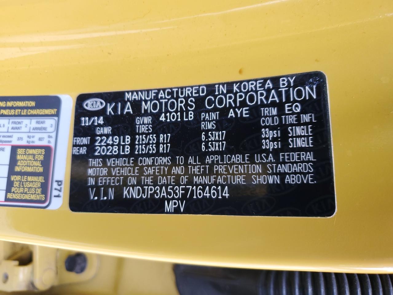 2015 Kia Soul + VIN: KNDJP3A53F7164614 Lot: 61649524