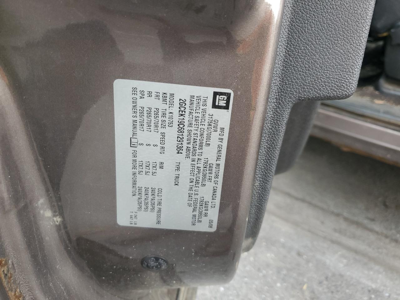 2008 Chevrolet Silverado K1500 VIN: 2GCEK19C681291364 Lot: 63973774