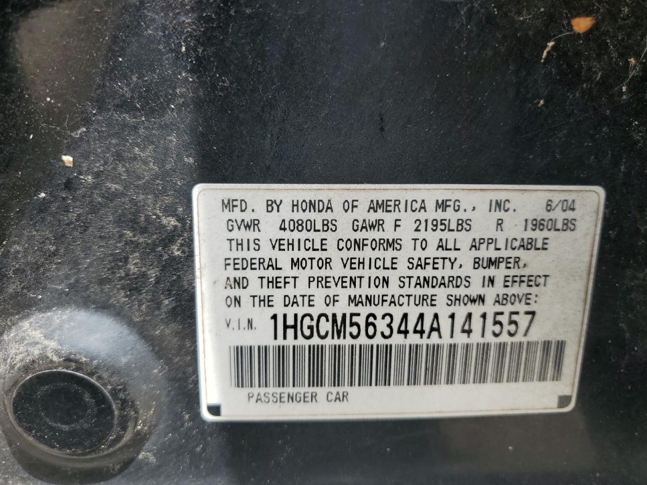 2004 Honda Accord Lx VIN: 1HGCM56344A141557 Lot: 65616844