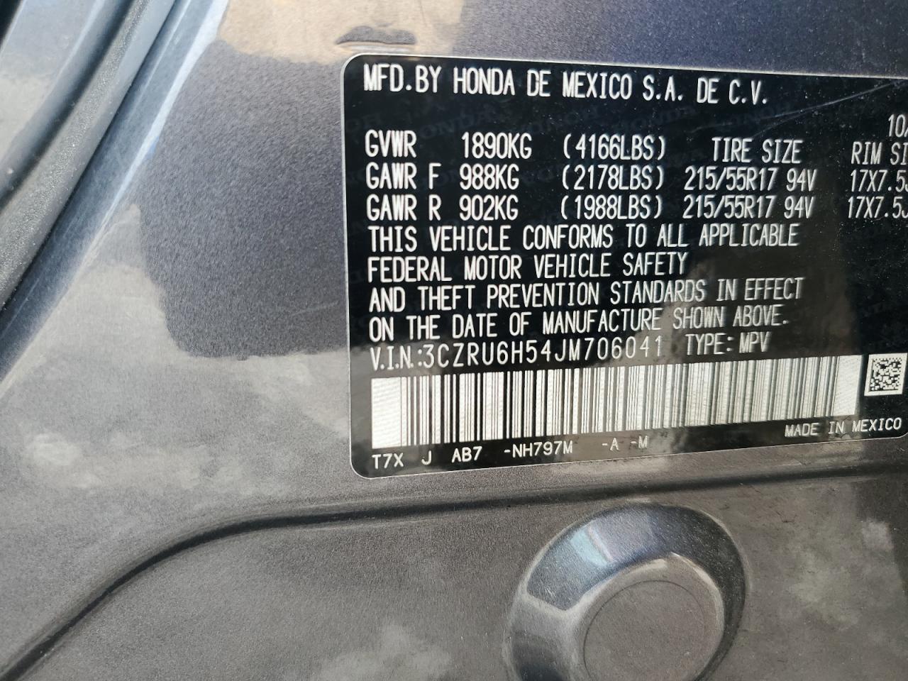 2018 Honda Hr-V Ex VIN: 3CZRU6H54JM706041 Lot: 63849724