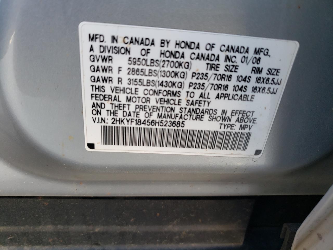 2006 Honda Pilot Ex VIN: 2HKYF18456H523685 Lot: 61786464