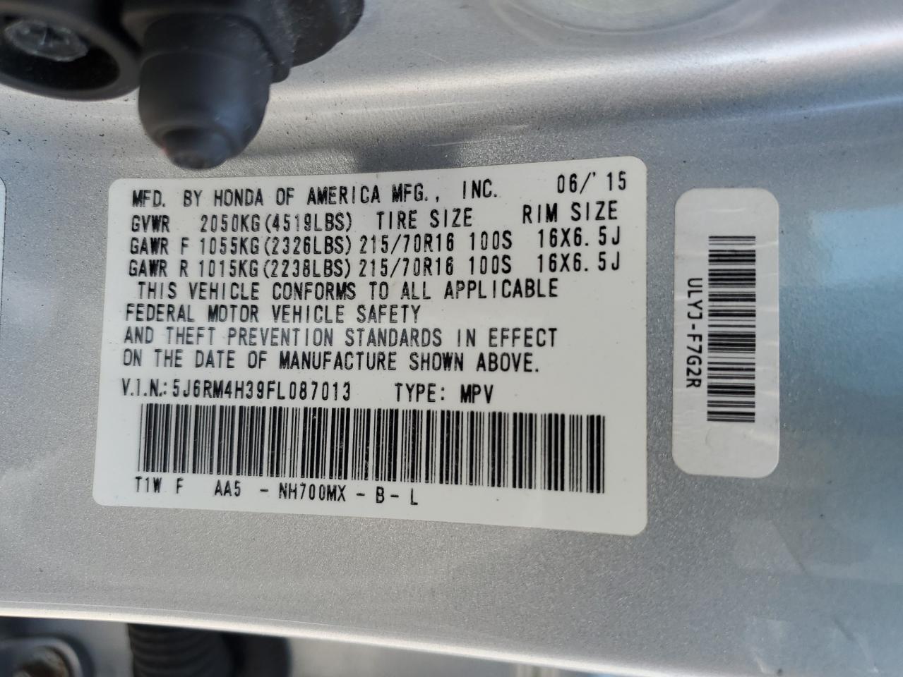 5J6RM4H39FL087013 2015 Honda Cr-V Lx