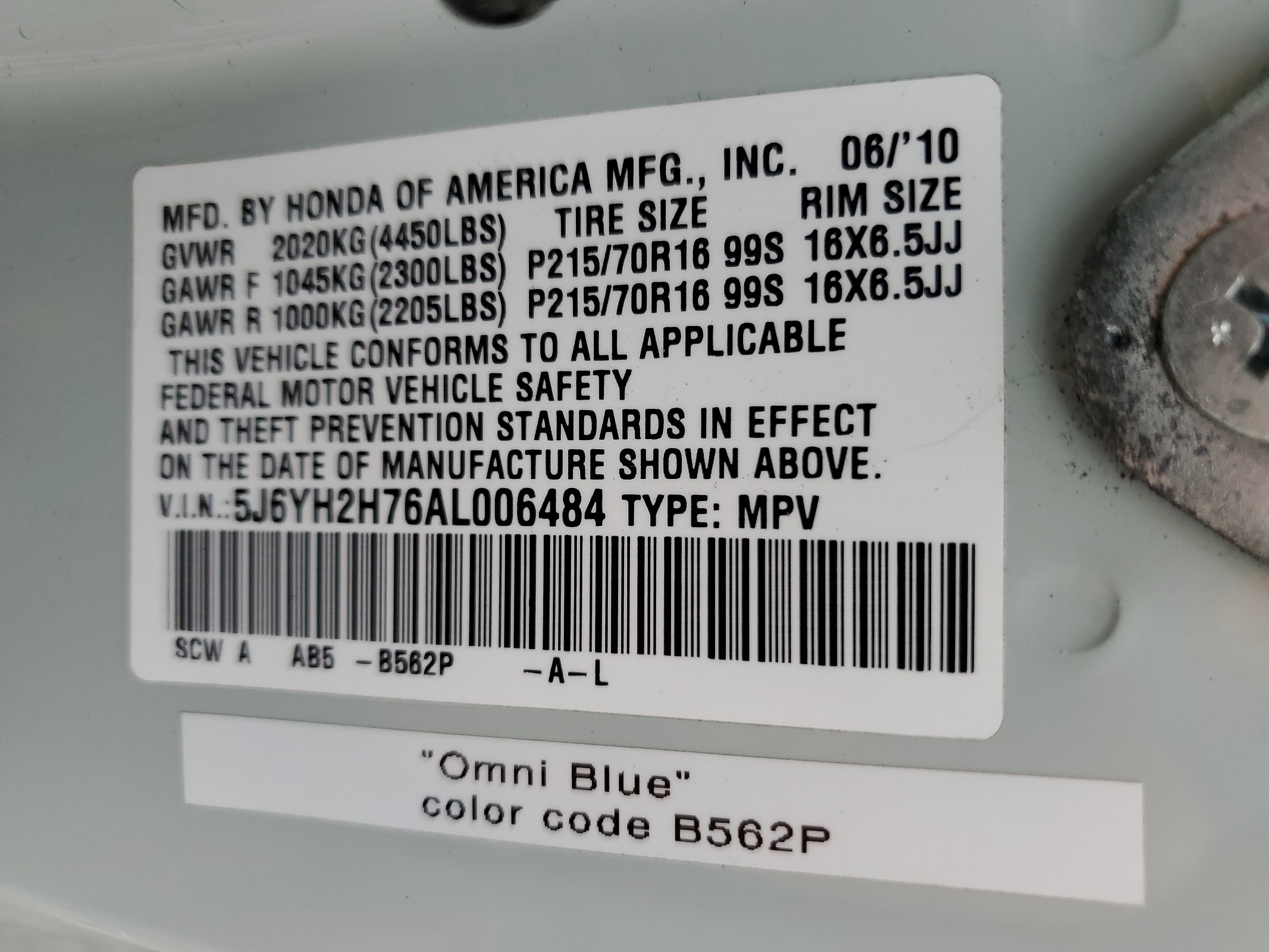 5J6YH2H76AL006484 2010 Honda Element Ex