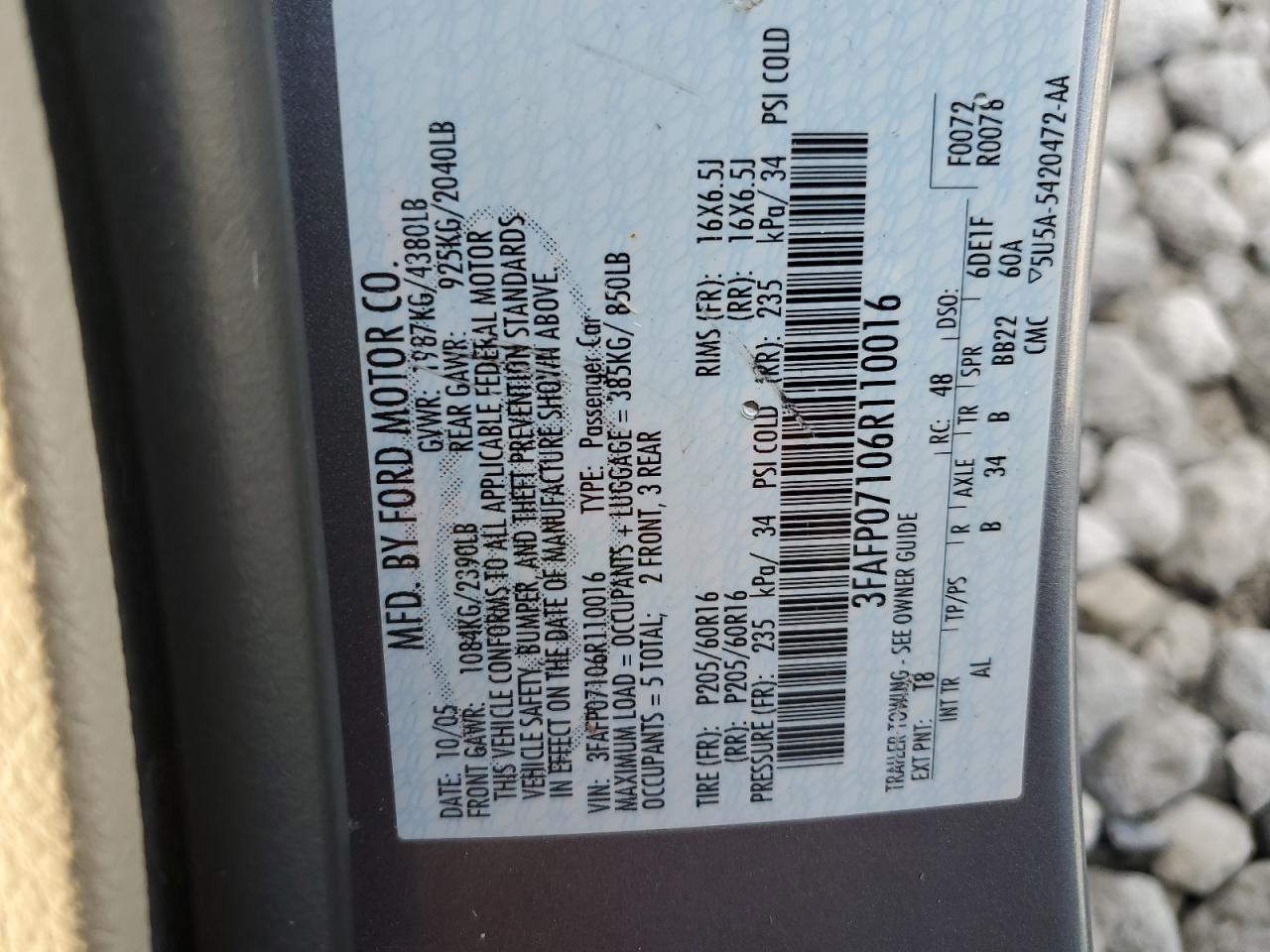 2006 Ford Fusion Se VIN: 3FAFP07106R110016 Lot: 63027894