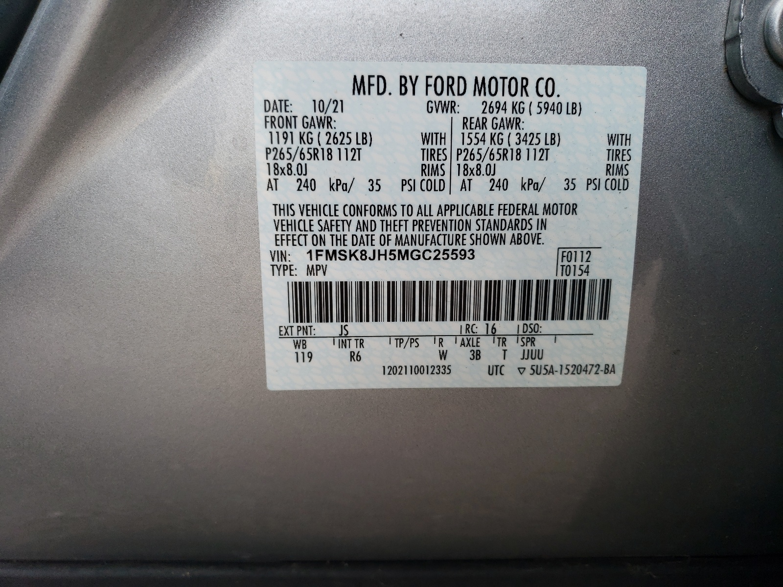 1FMSK8JH5MGC25593 2021 Ford Explorer Timberline