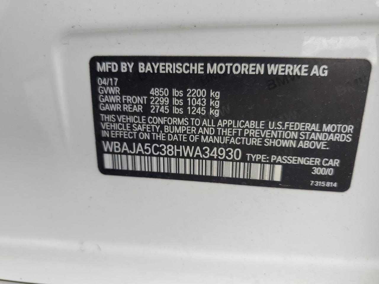 2017 BMW 530 I VIN: WBAJA5C38HWA34930 Lot: 64158524