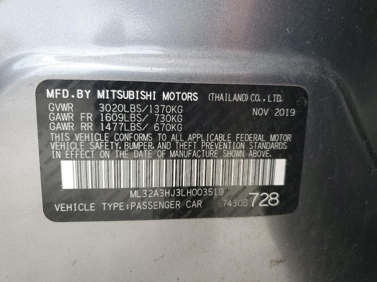 2020 Mitsubishi Mirage Es VIN: ML32A3HJ3LH003519 Lot: 64346564