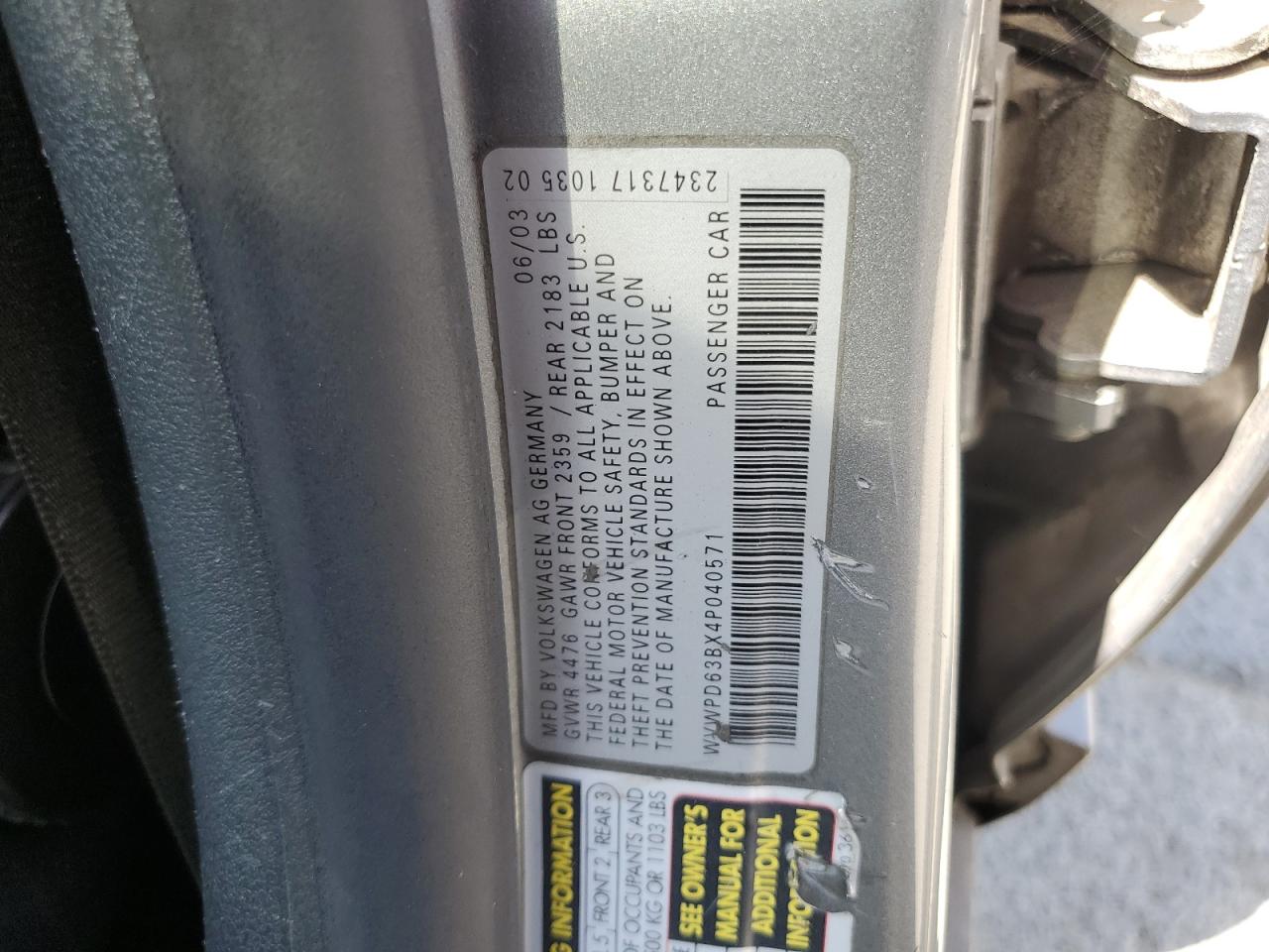 2004 Volkswagen Passat Gls VIN: WVWPD63BX4P040571 Lot: 61731754