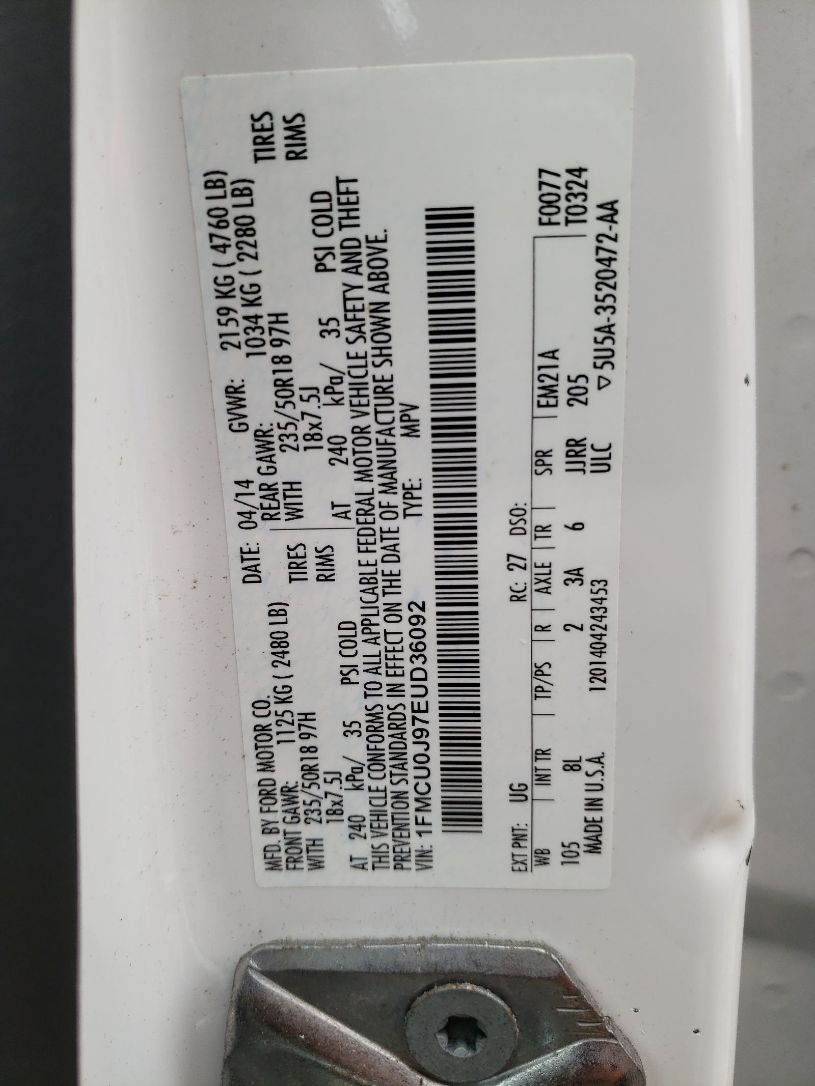 1FMCU0J97EUD36092 2014 Ford Escape Titanium