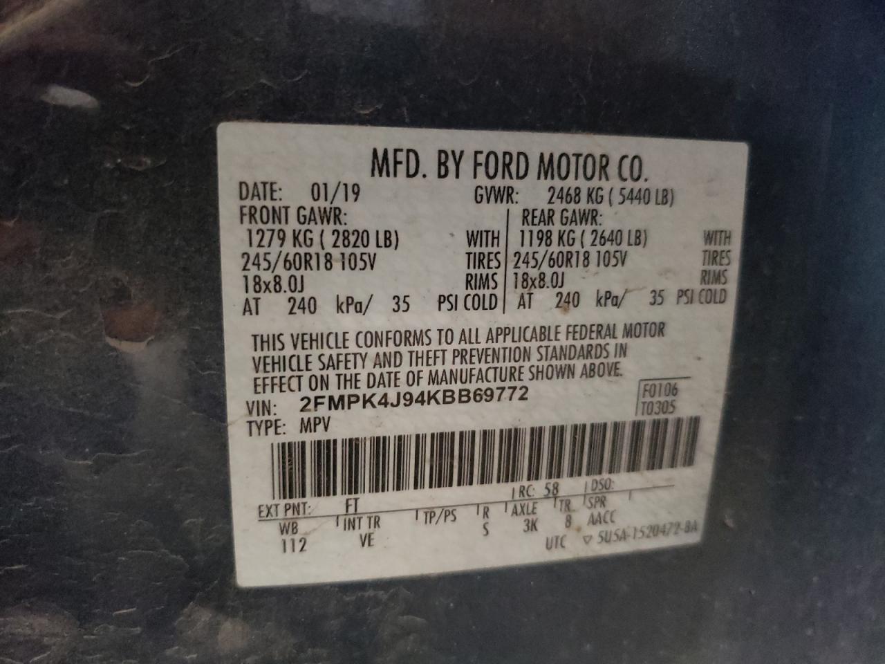 2019 Ford Edge Sel VIN: 2FMPK4J94KBB69772 Lot: 64655504