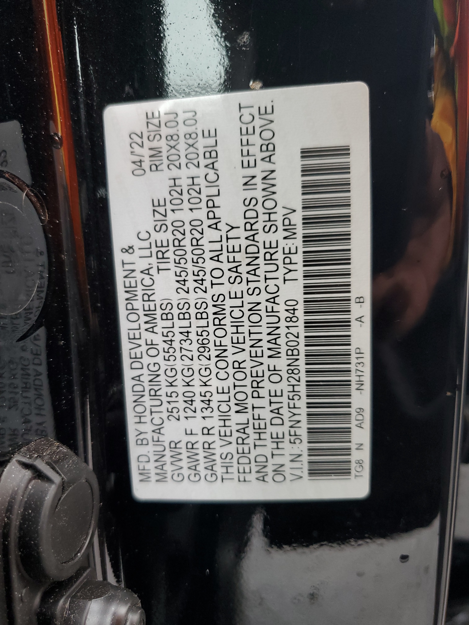 5FNYF5H28NB021840 2022 Honda Pilot Se