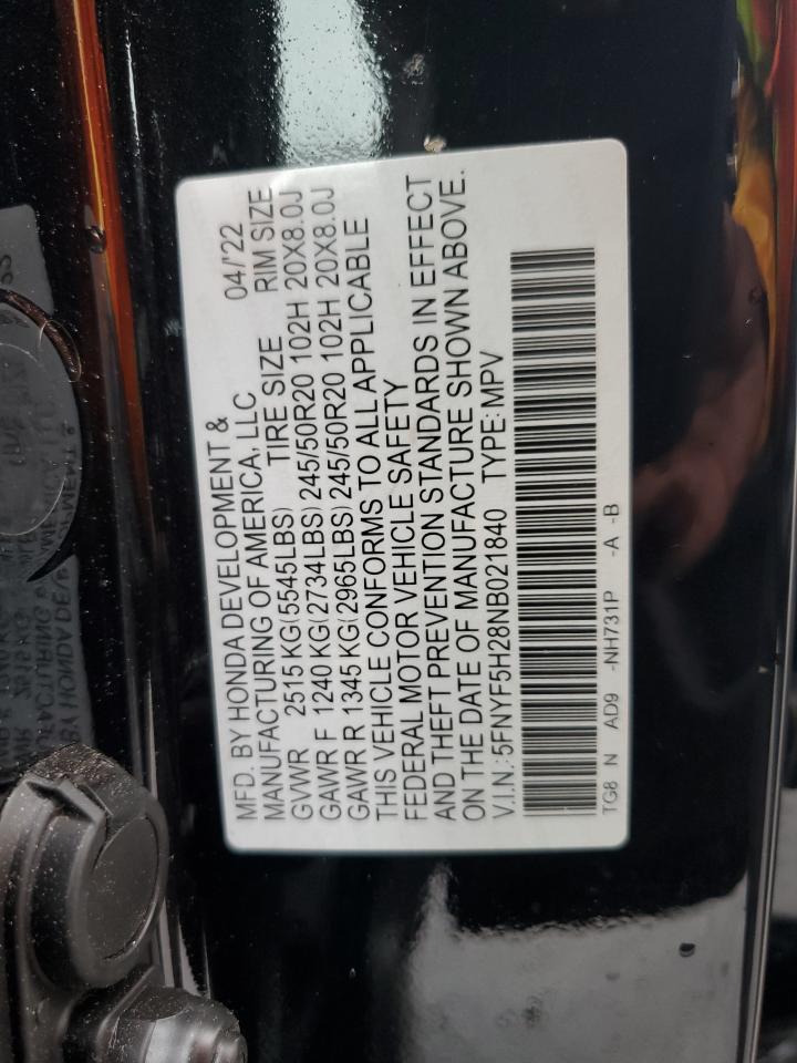2022 Honda Pilot Se VIN: 5FNYF5H28NB021840 Lot: 64924264