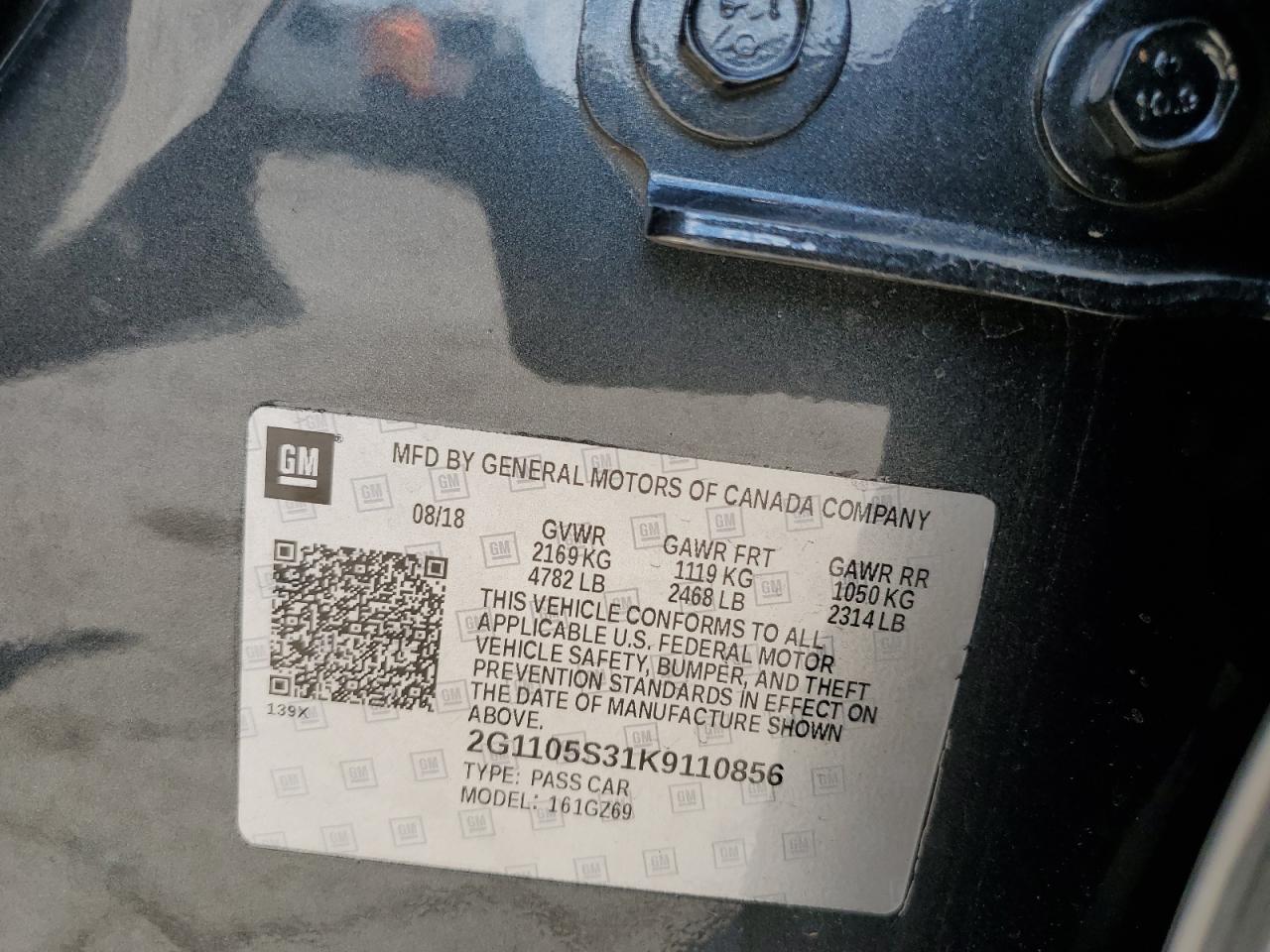 2019 Chevrolet Impala Premier VIN: 2G1105S31K9110856 Lot: 62731864