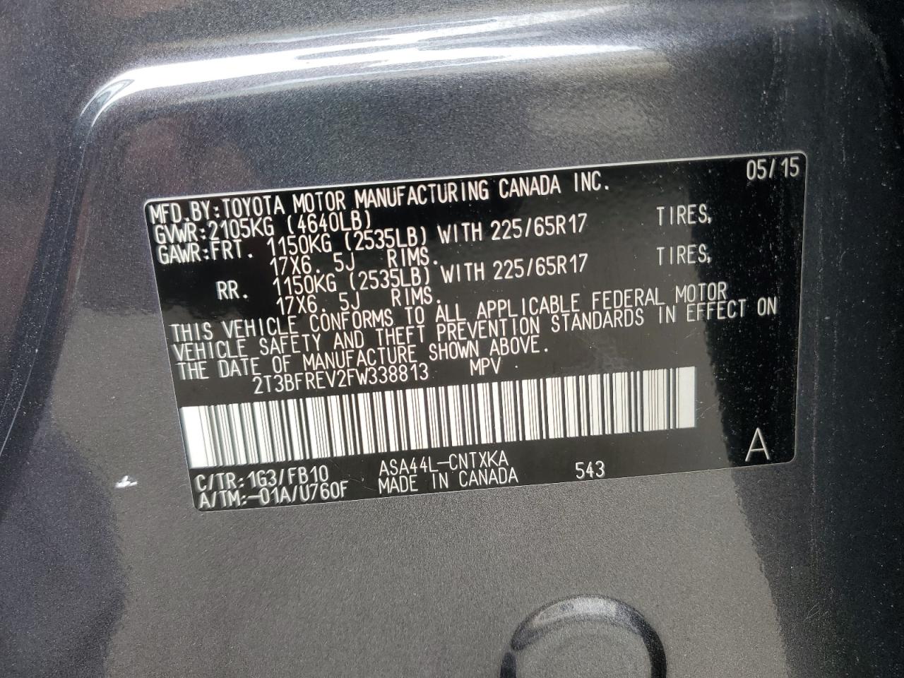 2015 Toyota Rav4 Le VIN: 2T3BFREV2FW338813 Lot: 62640714