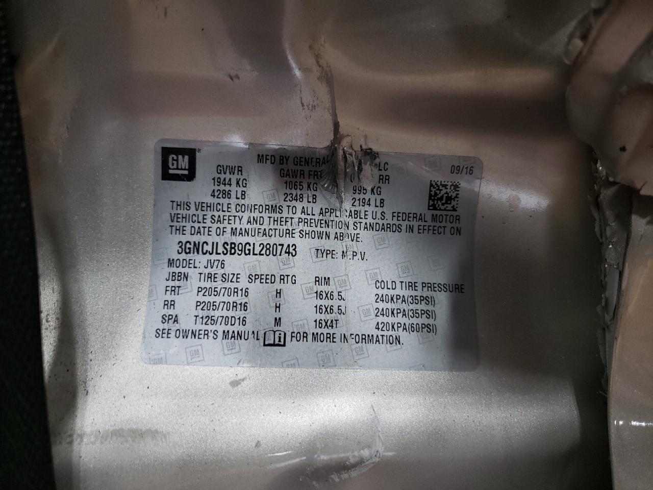 2016 Chevrolet Trax 1Lt VIN: 3GNCJLSB9GL280743 Lot: 64439194