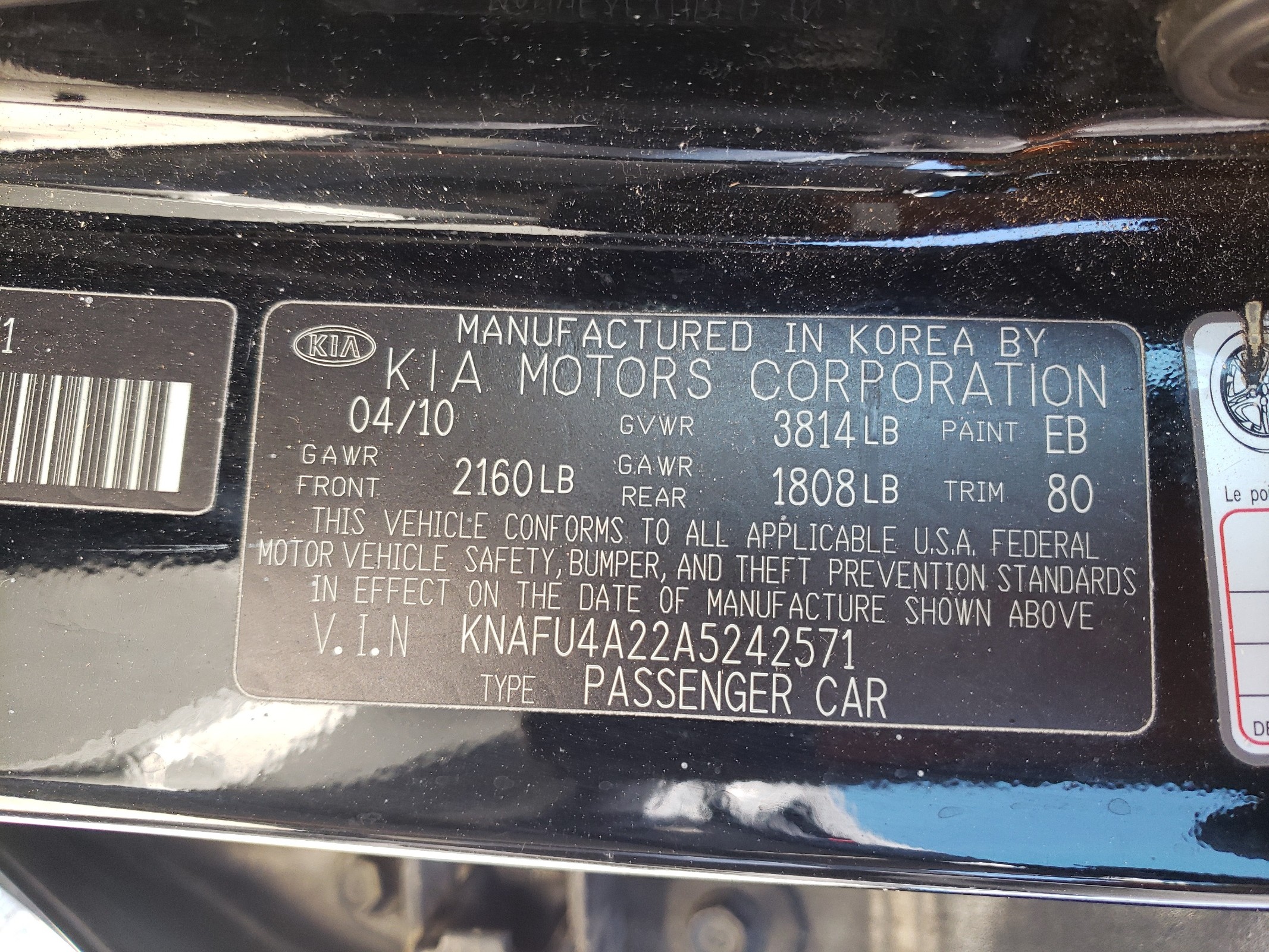 KNAFU4A22A5242571 2010 Kia Forte Ex