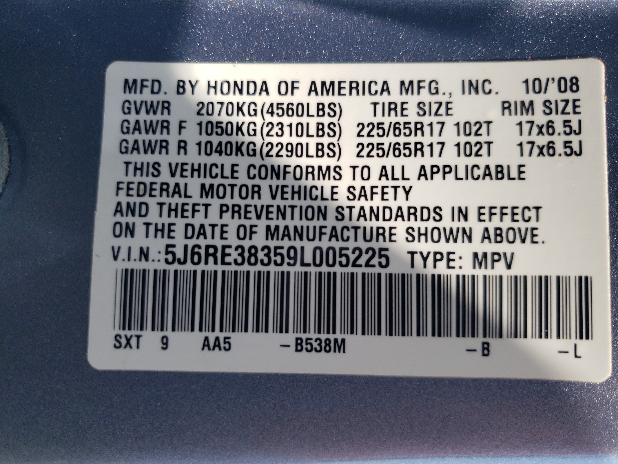 5J6RE38359L005225 2009 Honda Cr-V Lx
