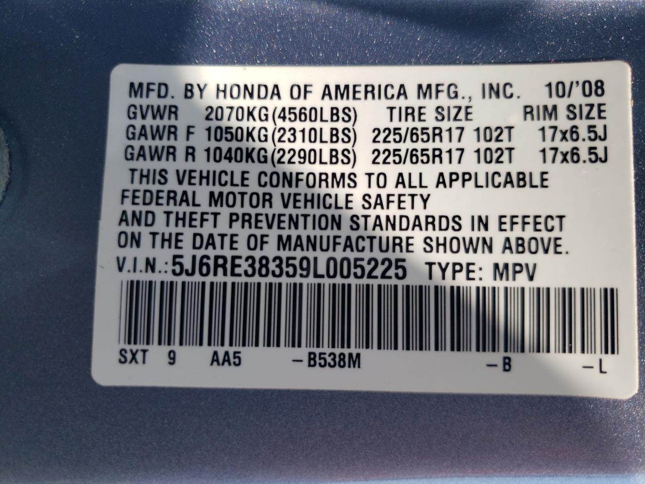 2009 Honda Cr-V Lx VIN: 5J6RE38359L005225 Lot: 63718104