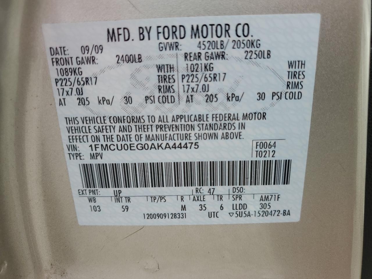 2010 Ford Escape Limited VIN: 1FMCU0EG0AKA44475 Lot: 62364764