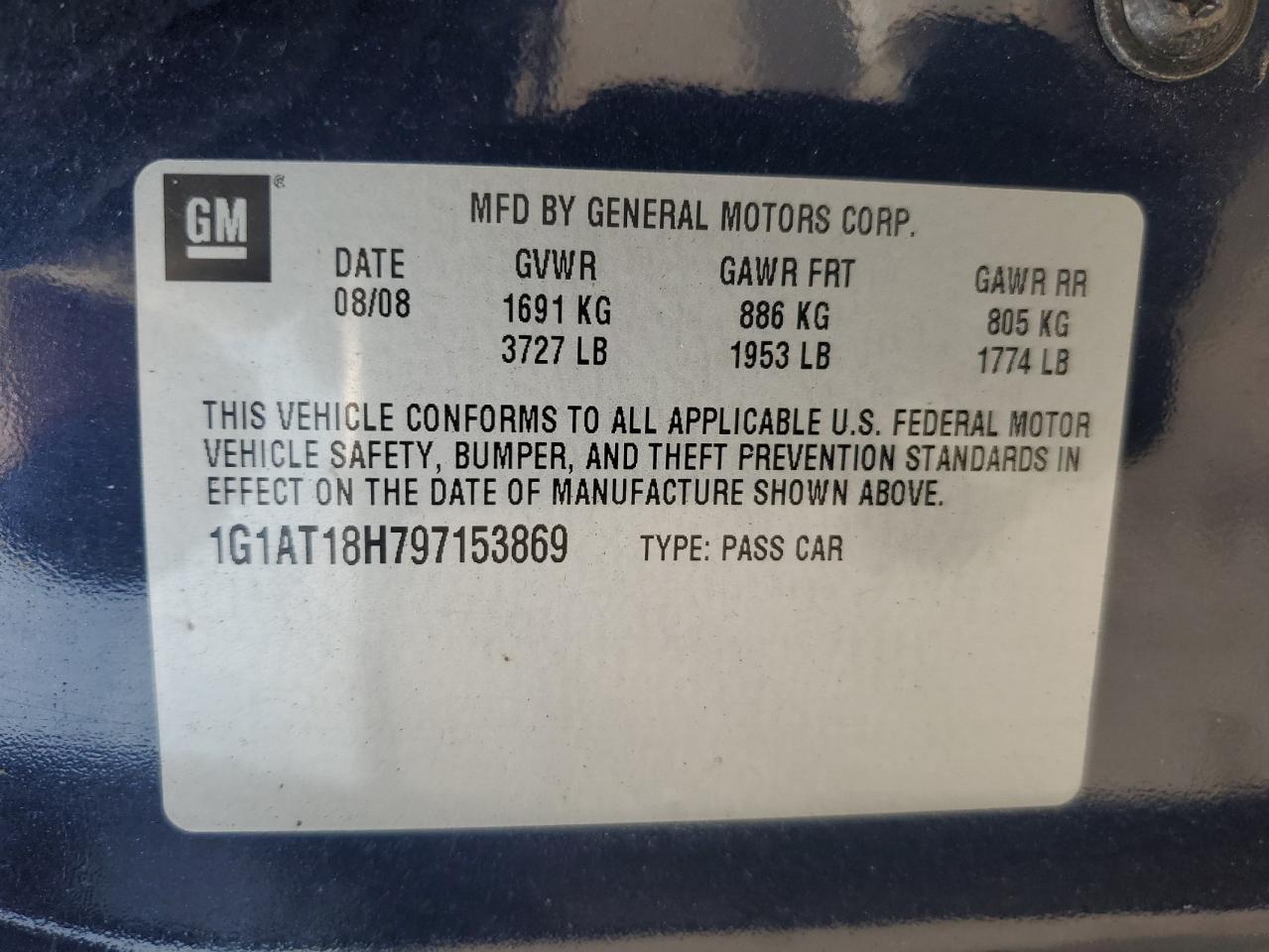 2009 Chevrolet Cobalt Lt VIN: 1G1AT18H797153869 Lot: 64951204