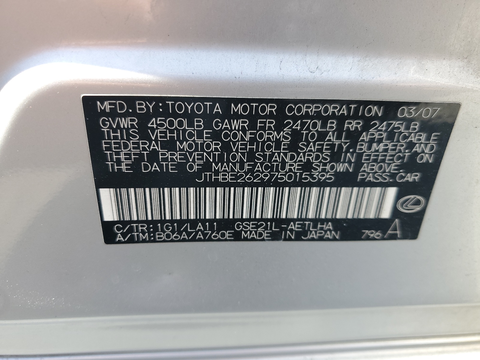 JTHBE262975015395 2007 Lexus Is 350