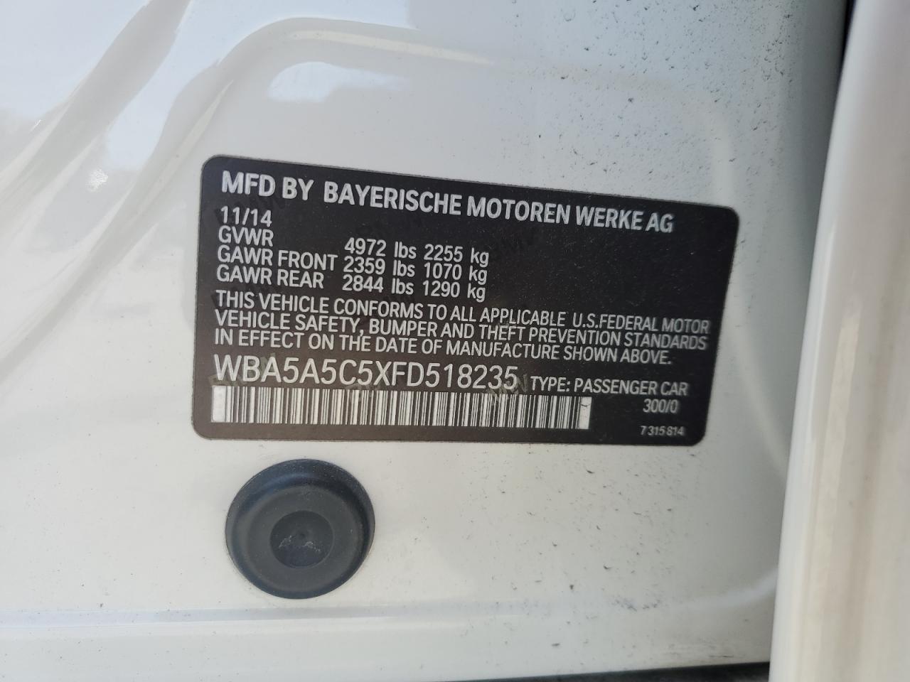 2015 BMW 528 I VIN: WBA5A5C5XFD518235 Lot: 62705964