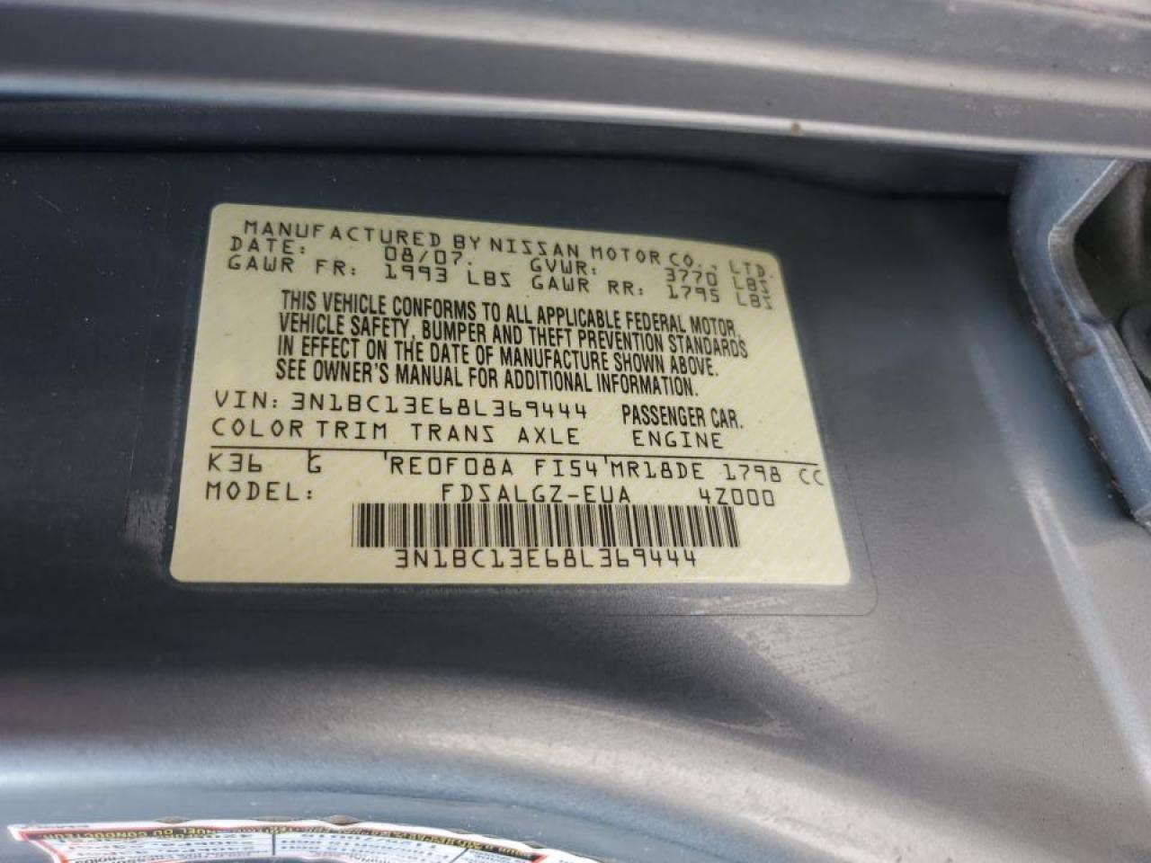 2008 Nissan Versa S VIN: 3N1BC13E68L369444 Lot: 63606784