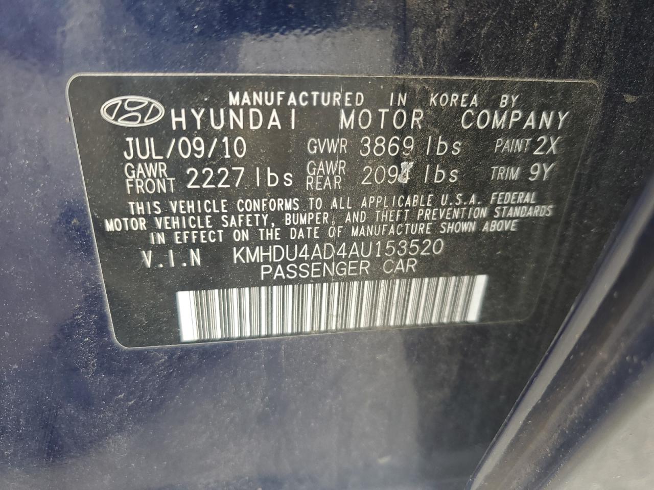2010 Hyundai Elantra Blue VIN: KMHDU4AD4AU153520 Lot: 64664694