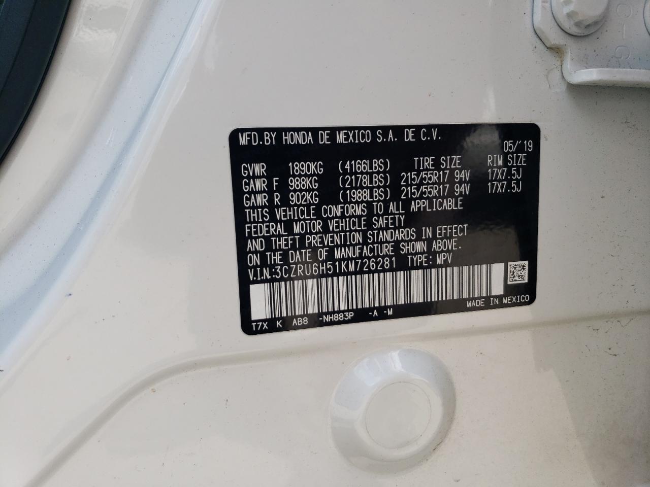 2019 Honda Hr-V Ex VIN: 3CZRU6H51KM726281 Lot: 64057754