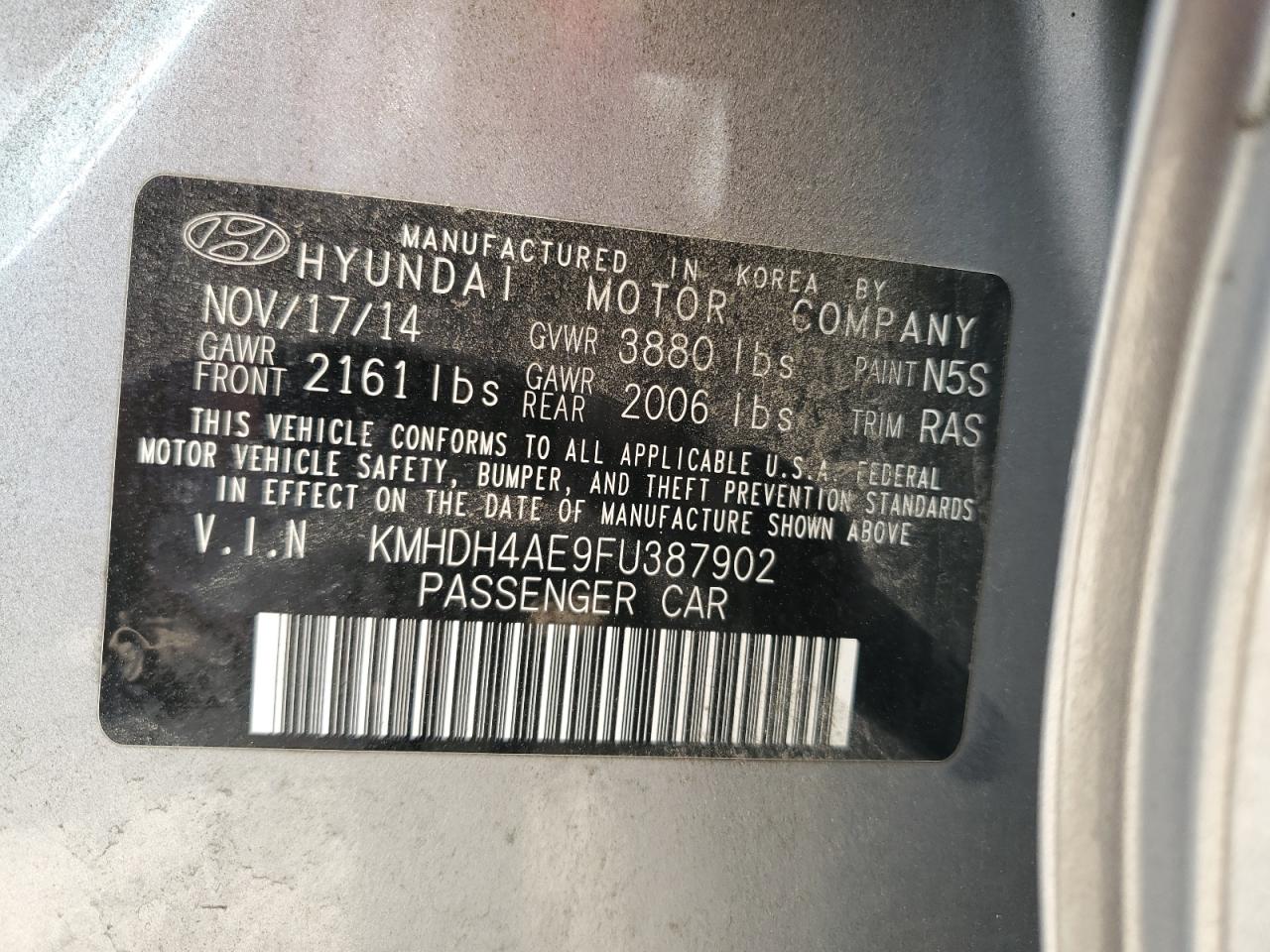 2015 Hyundai Elantra Se VIN: KMHDH4AE9FU387902 Lot: 65013014