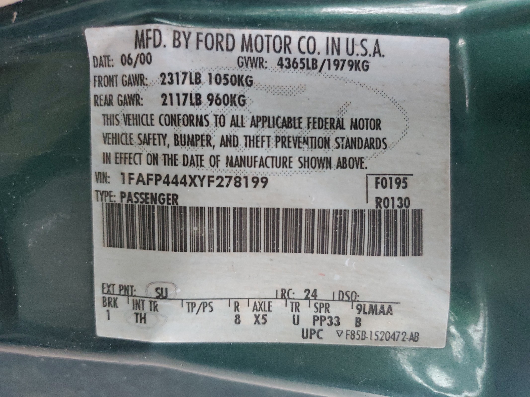 1FAFP444XYF278199 2000 Ford Mustang